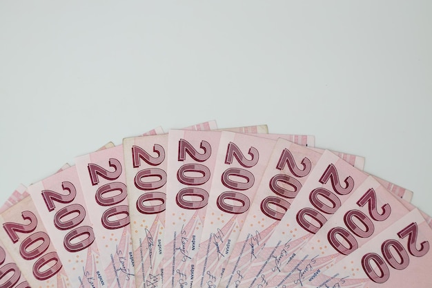 Turkse Lira bankbiljetten van verschillende kleurenpatroon en waarde op witte achtergrond