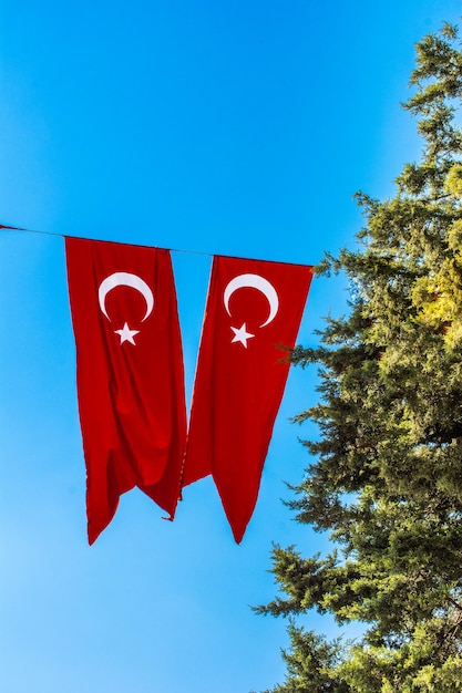 Turkse nationale vlaggen hangen in de open lucht