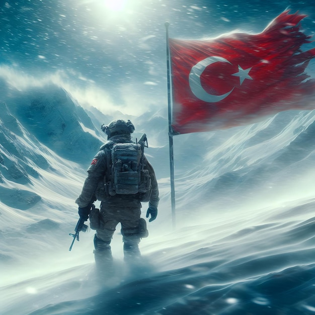 Foto turkse soldaat op een besneeuwde berg golvende turkse vlag