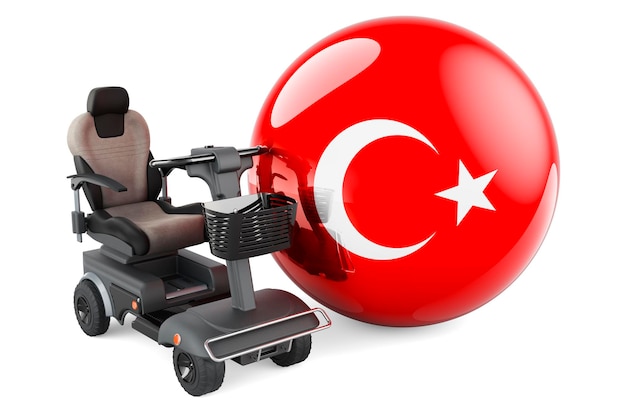 Turkse vlag met indoor powerchair of elektrische rolstoel 3D-rendering