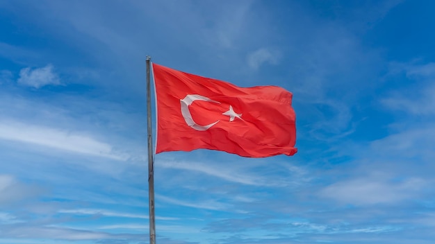 Turkse vlag zwaaien in een bewolkte blauwe hemelachtergrond of behang.