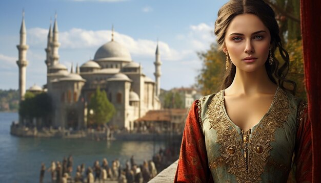 Foto turkse vrouw volledig gefotografeerd met het majestueuze topkapi-paleis op de achtergrond. historische fictie