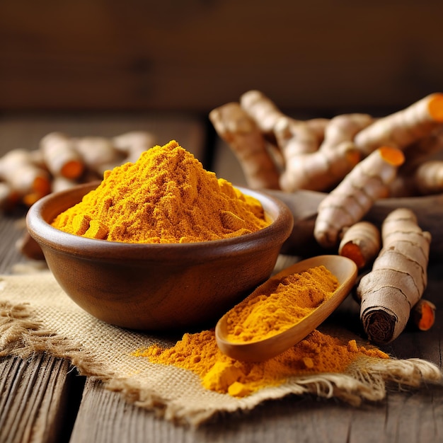 Turmeric bottles and bowls with roots on wooden table