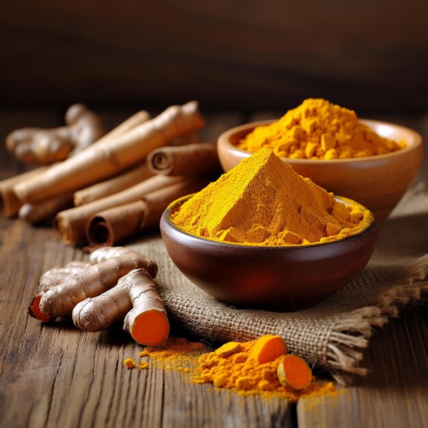 Turmeric bottles and bowls with roots on wooden table