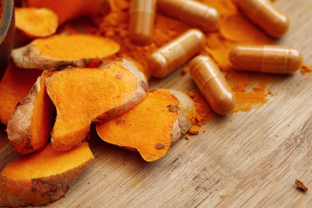 Photo turmeric capsule with powder