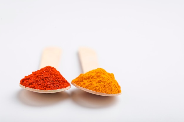 Turmeric and chilly powder in spoons