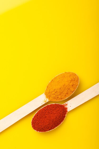 Turmeric and chilly powder in spoons