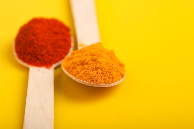 Turmeric and chilly powder in spoons