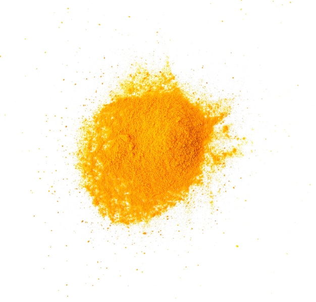 Turmeric (Curcuma) powder pile isolated on white, top view