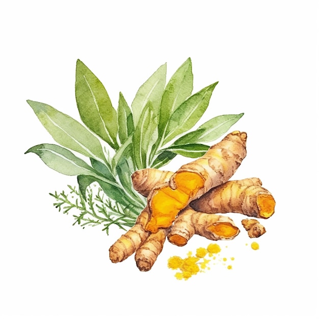 Photo turmeric herb watercolour clipart on white background