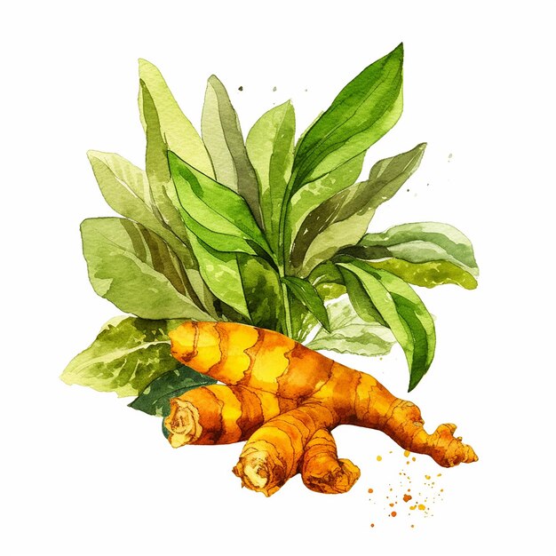 Photo turmeric herb watercolour clipart on white background