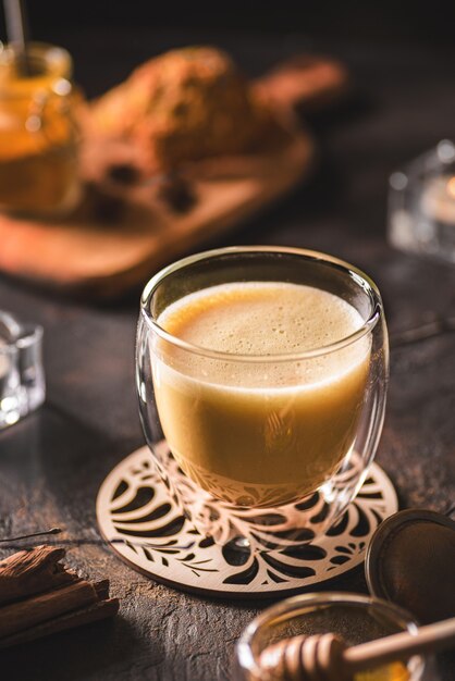 turmeric latte on a dark background