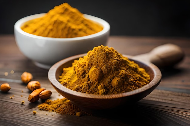 Turmeric powder in a bowl next to a bowl of peanuts