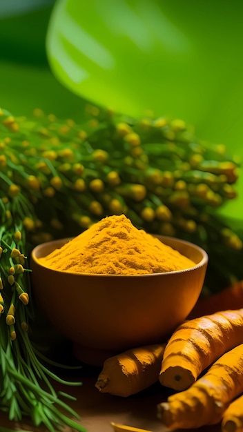 Photo turmeric powder in a bowl illustration background