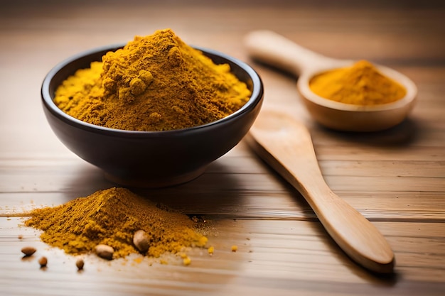 Turmeric powder in a bowl next to a spoon