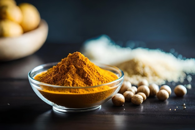 Turmeric powder in a bowl with peanuts on the side