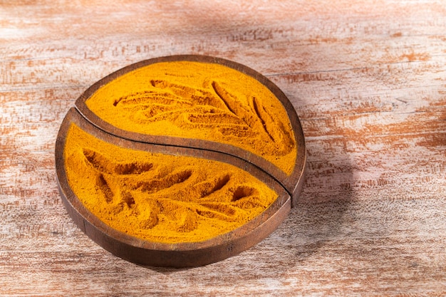 Turmeric powder in bowl on wooden background