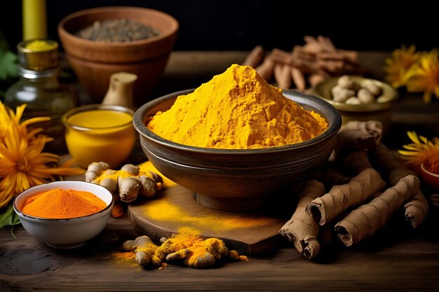 Turmeric powder in clay bowl on wooden table on dark background