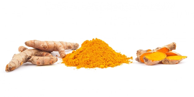 Turmeric powder and fresh turmeric onwhite background, herbs