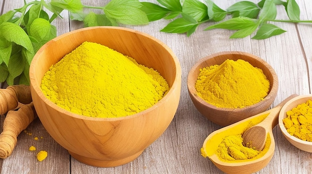 Turmeric powder and fresh turmeric in wooden bowls with green leaf on old wooden table herbs