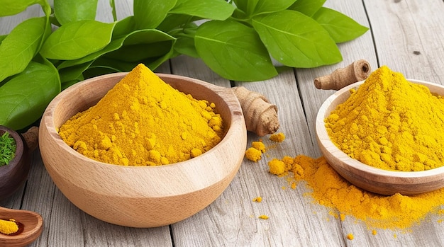 Turmeric powder and fresh turmeric in wooden bowls with green leaf on old wooden table herbs