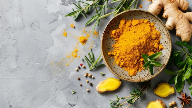 Turmeric Powder and Ginger Slices in Ceramic Bowl