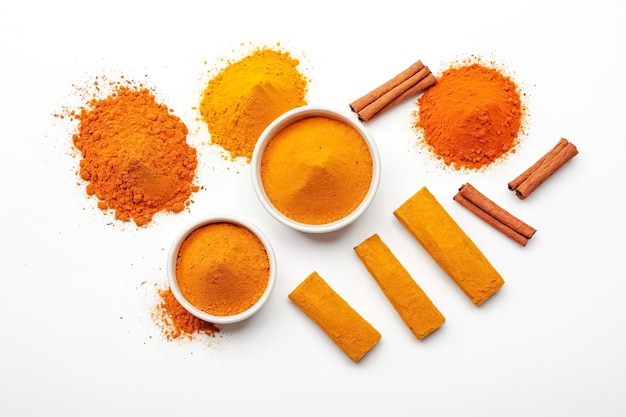 Photo turmeric powder sticks and cinnamon sticks on white background