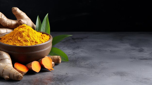 Photo turmeric powder in wooden bowl and fresh turmeric root on grey concrete background