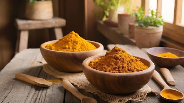 Turmeric powder in wooden bowls on wooden table