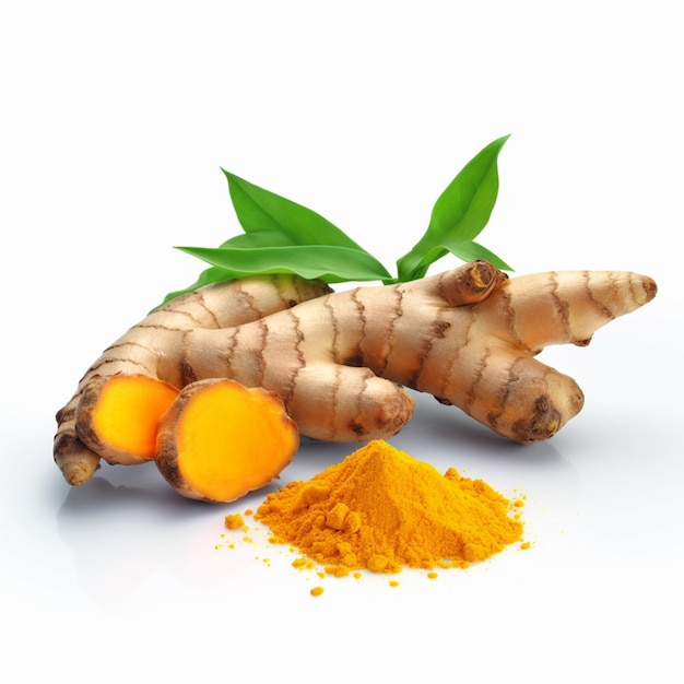 A turmeric root and some turmeric on a white background