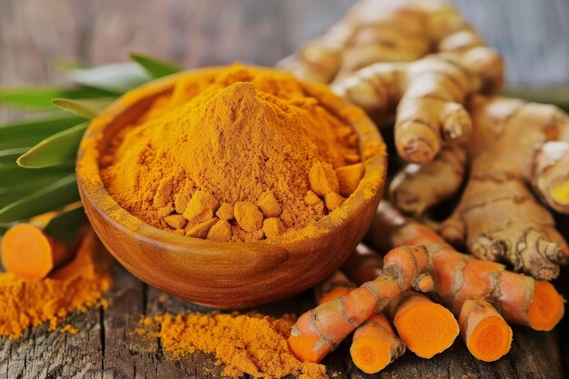 Foto radici e polvere di curcuma su una tavola di legno rustica