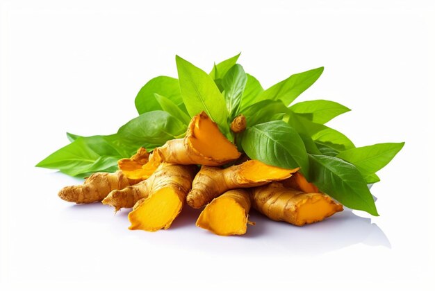 Photo turmeric with pieces and fresh green leaves isolated on white background generative ai