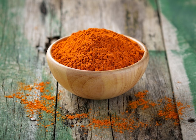 Turmeric in the wood bowl on old wooden table