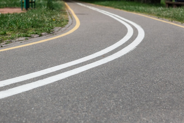 Giro della pista ciclabile nel parco primaverile. strada vuota.