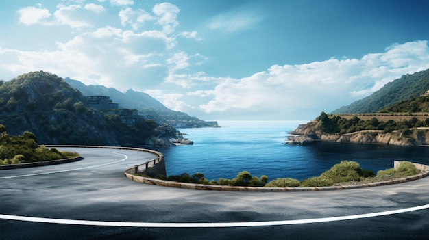 Turn of mountain asphalt road with sky and sea