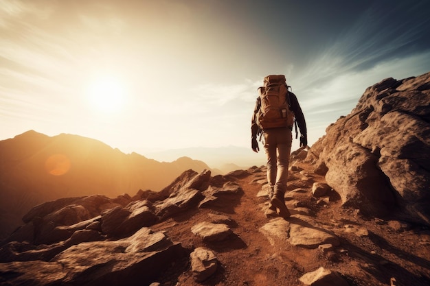 Turned back image of Hiker goes against sky and sun generative AI