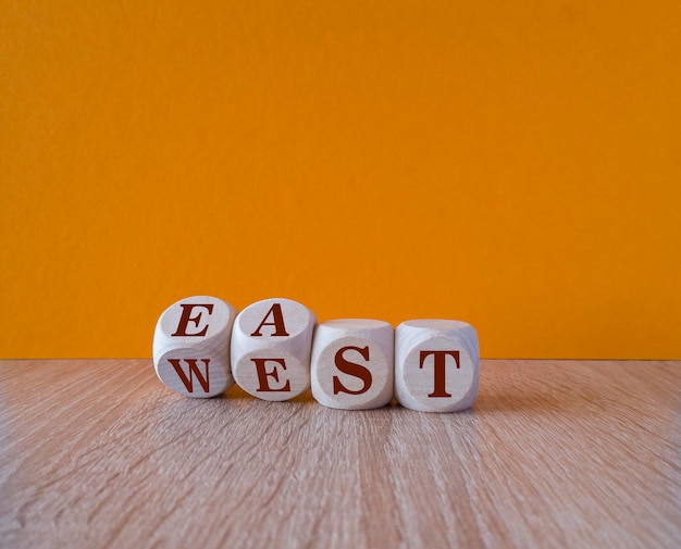 木製の立方体を回すと、単語が東から西、またはその逆に変わります 美しい木製のテーブル
