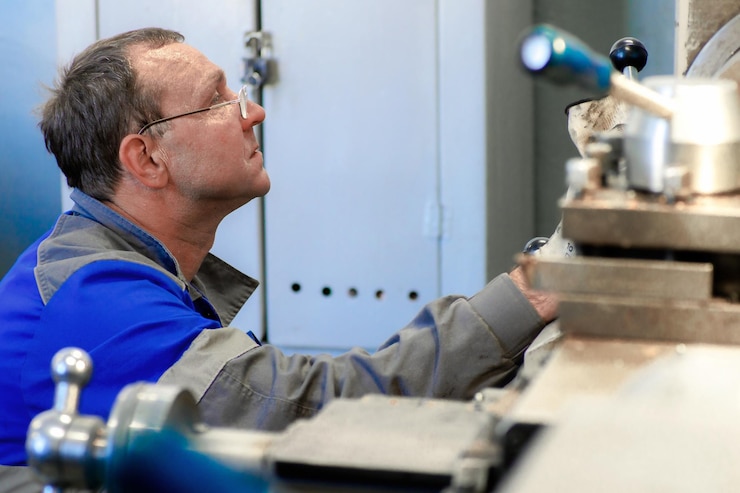 Photo turner adjusts lathe for metal in workshop white caucasian man working in lathe shop