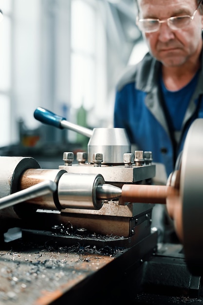 Turner in overalls works behind lathe in production hall Processing of metal products background