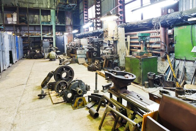 Turnery with lathes and disassembled engine