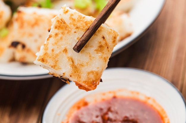 Turnip cake and xo sauce stir fried with tearadish cake, turnip cake,