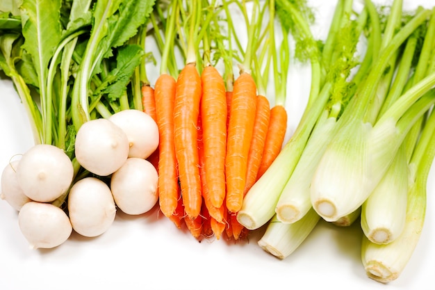 Turnip, carrot and celery from garden on white background