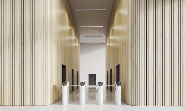 Turnstiles in office with wooden walls