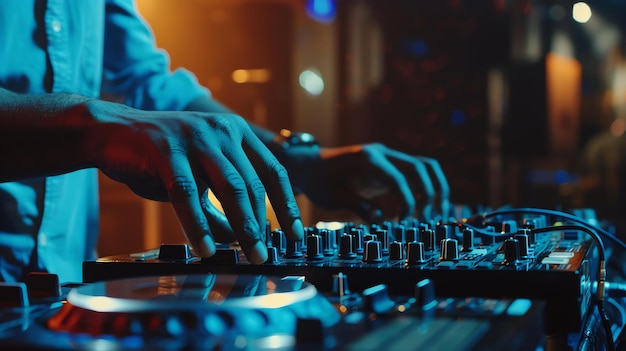 Photo turntable closeup of a djs hands mixing music on a turntable