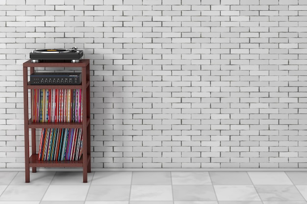 Giradischi giradischi in vinile, amplificatore mixer stereo hifi e syack of old vinyl record disk con supporto in legno per rack di fronte al muro di mattoni. rendering 3d