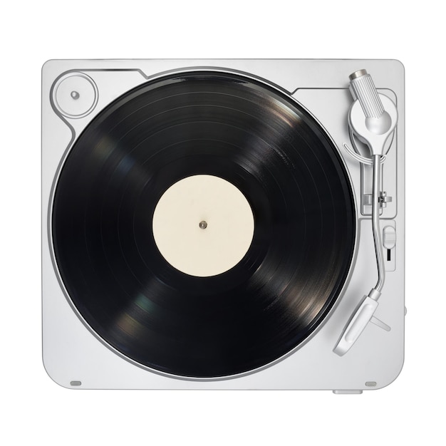 Turntable with long play or LP vinyl record isolated on white