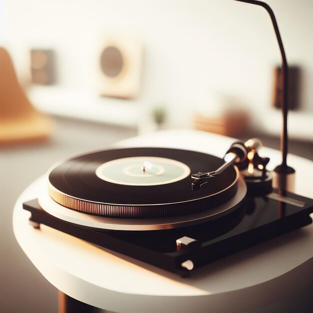 Photo turntable with vinyl record on seample background