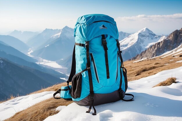 Turquoise backpack in winter mountains