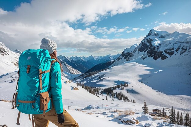 Turquoise backpack in winter mountains