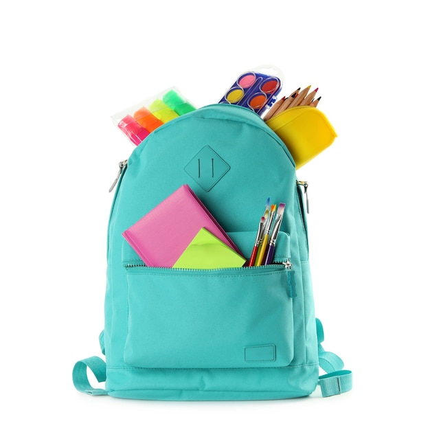 Turquoise backpack with different school stationery on white background